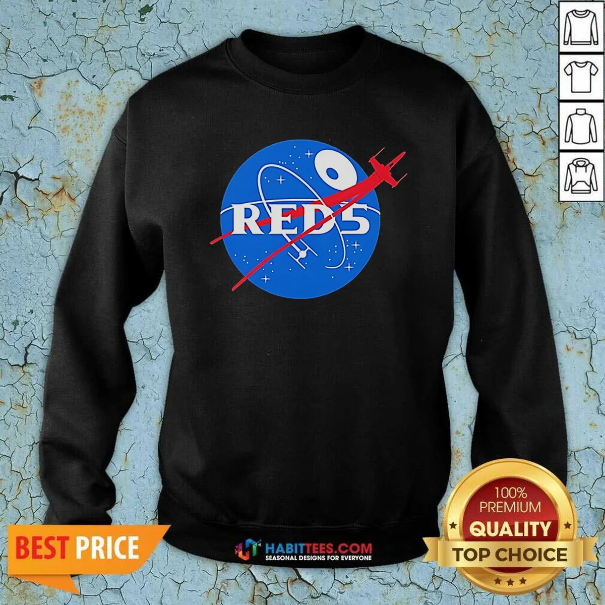 Nice Red 5 NASA Parody Logo Sweatshirt sweatshirt optimized showing front view of red crewneck sweatshirt with parody logo