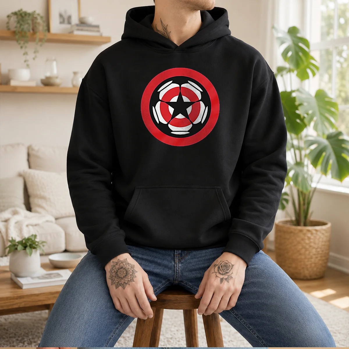 Hot Captain America Marvel Cinematic Universe UEFA Champions Hoodie in navy blue with front graphic print and adjustable drawstring hood