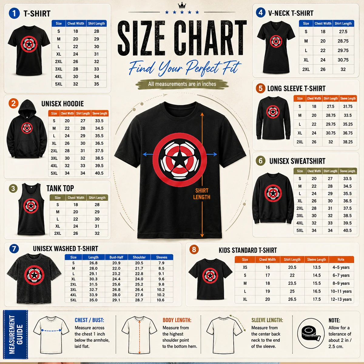 Hot Captain America Marvel Cinematic Universe UEFA Champions Size Chart Size chart for Hot Captain America Marvel Cinematic Universe UEFA Champions showing measurements in inches and cm