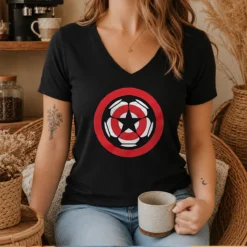 Hot Captain America Marvel Cinematic Universe UEFA Champions V Neck Shirt in blue with graphic print