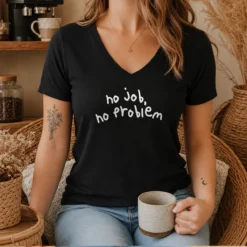 Nice No Job No Problem Text Quote V Neck Shirt in black, casual short sleeve with fitted V neckline
