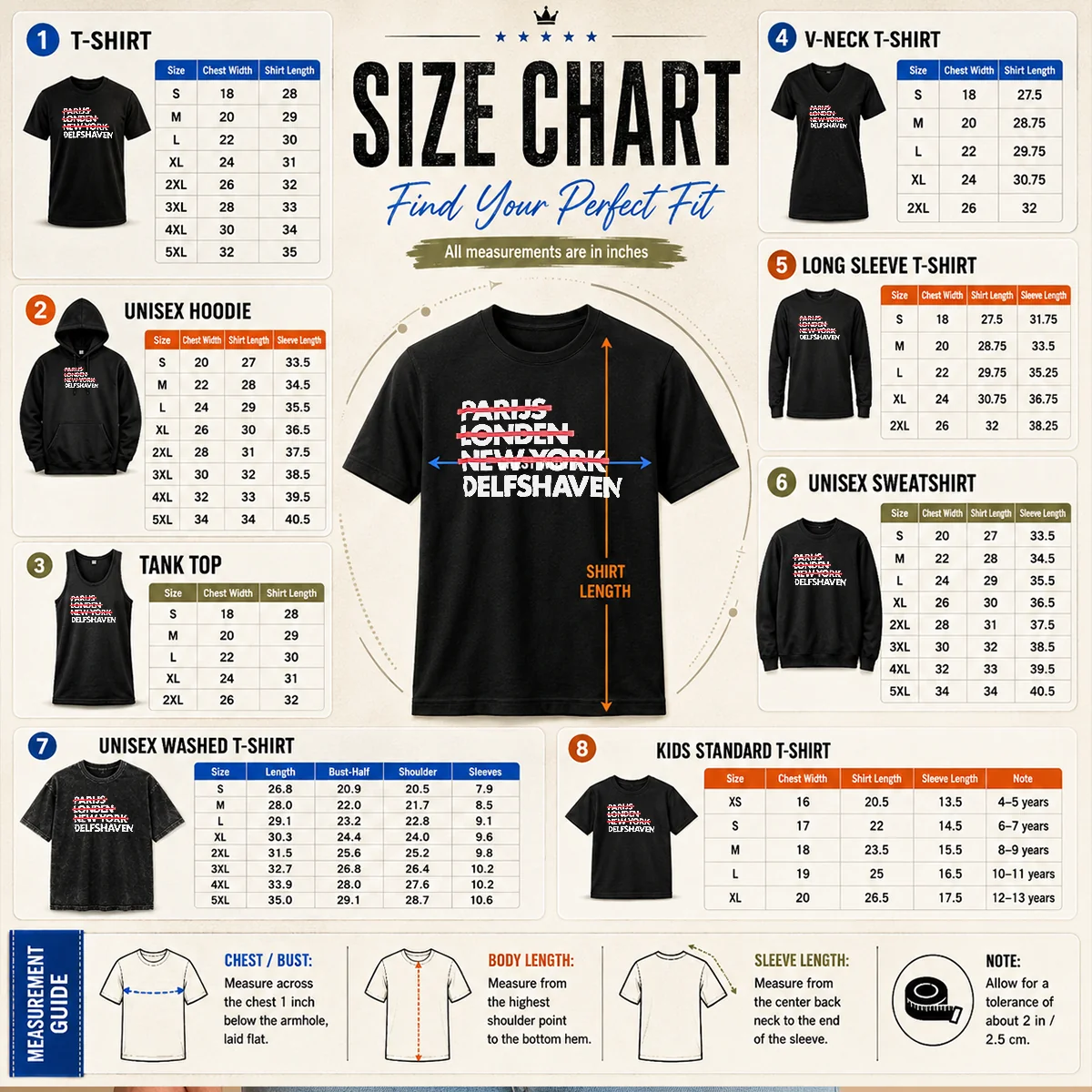 Nice Parijs Londen New York Delfshaven Size Chart Size chart for Nice Parijs Londen New York Delfshaven showing measurements in inches and centimeters