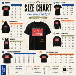 Size chart for Nice Top Things Go Better With Satan with measurements in inches and cm