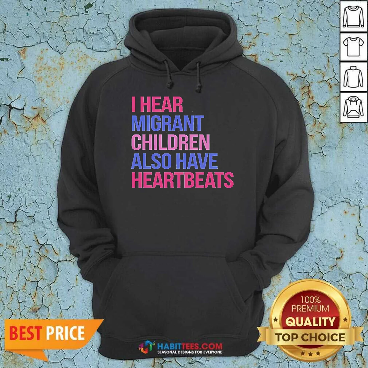 Official I Hear Migrant Children Also Have Heartbeats Bold Statement Text Hoodie in a comfortable pullover style with front pocket