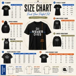 Size chart for Pretty Di Never Dies with measurements in inches and cm