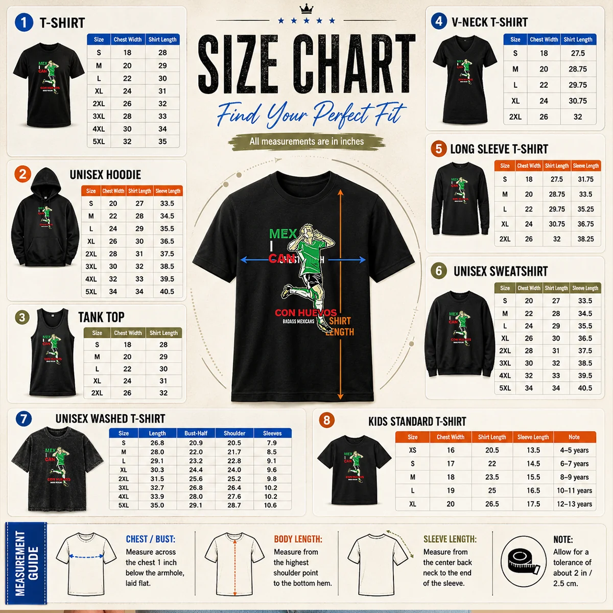 Pretty Mexican Con Huevos Badass Mexicans Mexico Soccer Size Chart Size chart for Pretty Mexican Con Huevos Badass Mexicans Mexico Soccer with measurements in inches and cm