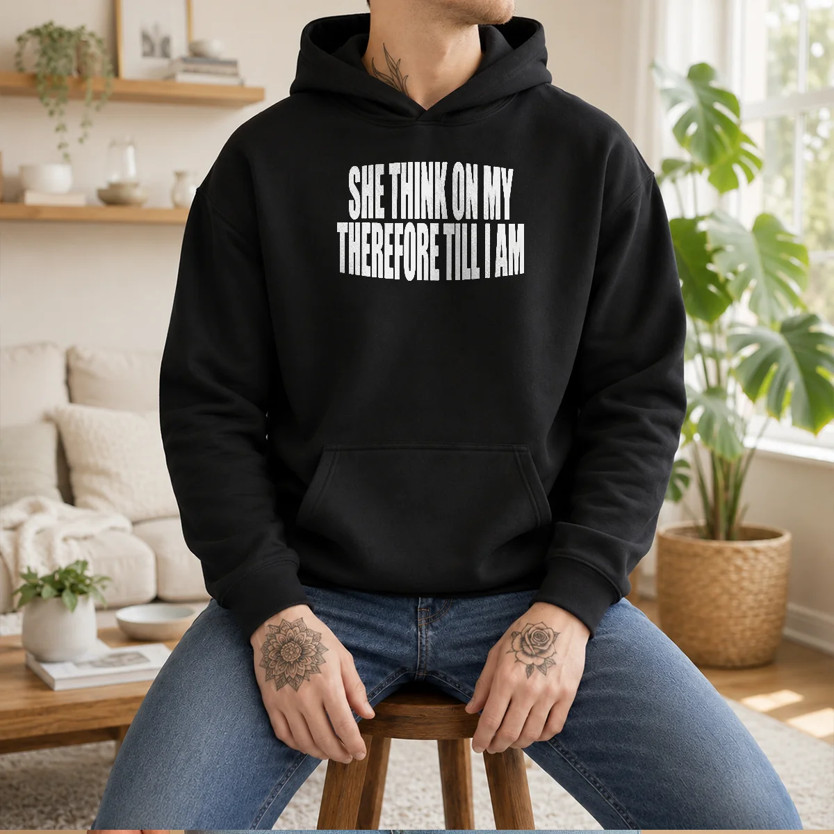 Top Pretty She Think On My Therefore Till I Am Hoodie in charcoal gray, front view with drawstring hood and kangaroo pocket