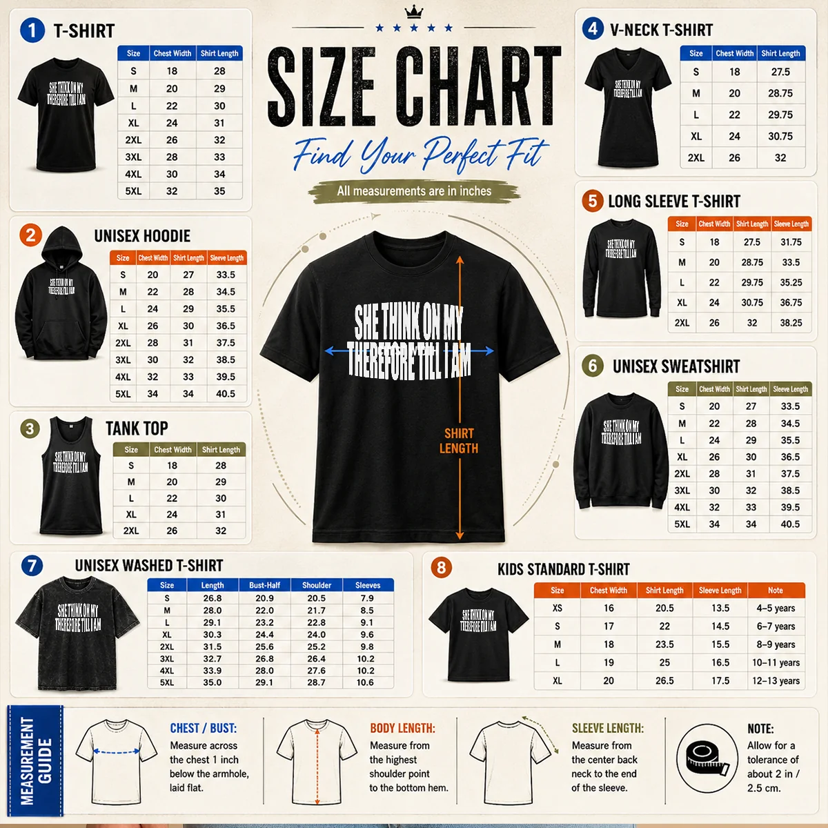 Top Pretty She Think On My Therefore Till I Am Size Chart Size chart for Top Pretty She Think On My Therefore Till I Am with measurements in inches and cm